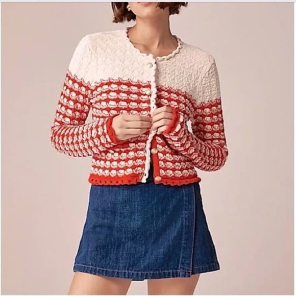 J. Crew Textured Crochet Lady Jacket Cardigan, Red Cream, Size Large - Picture 1 of 9